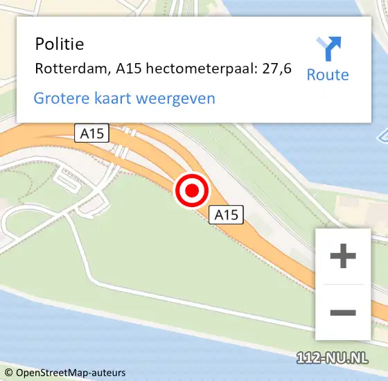 Locatie op kaart van de 112 melding: Politie Rotterdam, A15 hectometerpaal: 27,6 op 27 mei 2023 09:23