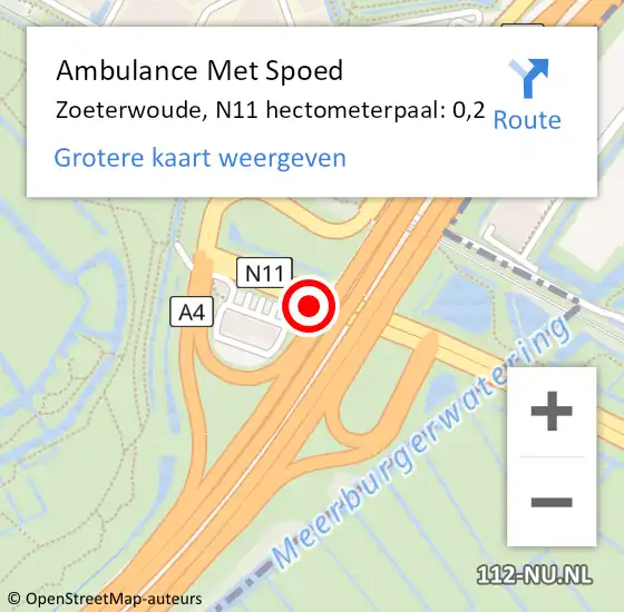 Locatie op kaart van de 112 melding: Ambulance Met Spoed Naar Zoeterwoude, N11 hectometerpaal: 0,2 op 27 mei 2023 10:01