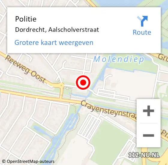 Locatie op kaart van de 112 melding: Politie Dordrecht, Aalscholverstraat op 27 mei 2023 10:45