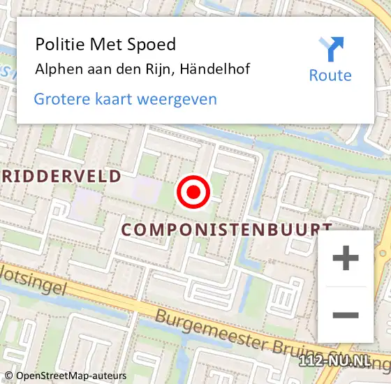 Locatie op kaart van de 112 melding: Politie Met Spoed Naar Alphen aan den Rijn, Händelhof op 27 mei 2023 10:54