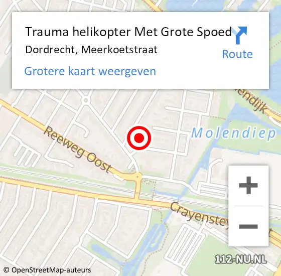 Locatie op kaart van de 112 melding: Trauma helikopter Met Grote Spoed Naar Dordrecht, Meerkoetstraat op 27 mei 2023 10:57