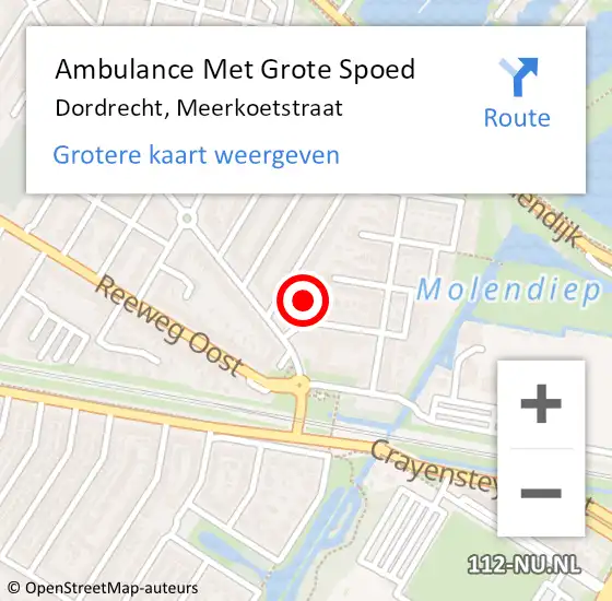 Locatie op kaart van de 112 melding: Ambulance Met Grote Spoed Naar Dordrecht, Meerkoetstraat op 27 mei 2023 11:00