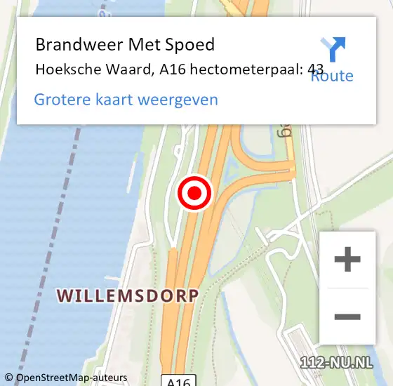 Locatie op kaart van de 112 melding: Brandweer Met Spoed Naar Hoeksche Waard, A16 hectometerpaal: 43 op 27 mei 2023 12:00