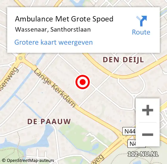 Locatie op kaart van de 112 melding: Ambulance Met Grote Spoed Naar Wassenaar, Santhorstlaan op 27 mei 2023 12:08