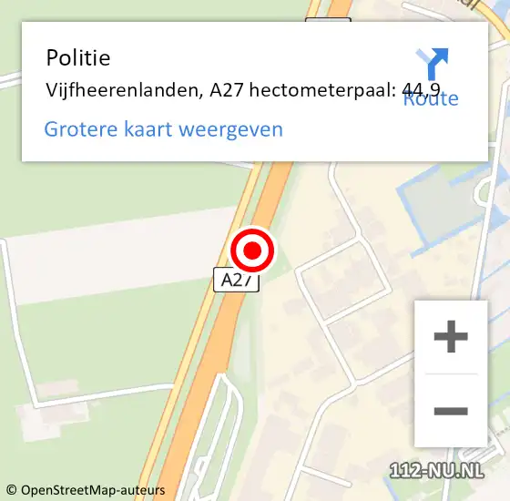 Locatie op kaart van de 112 melding: Politie Vijfheerenlanden, A27 hectometerpaal: 44,9 op 27 mei 2023 12:31