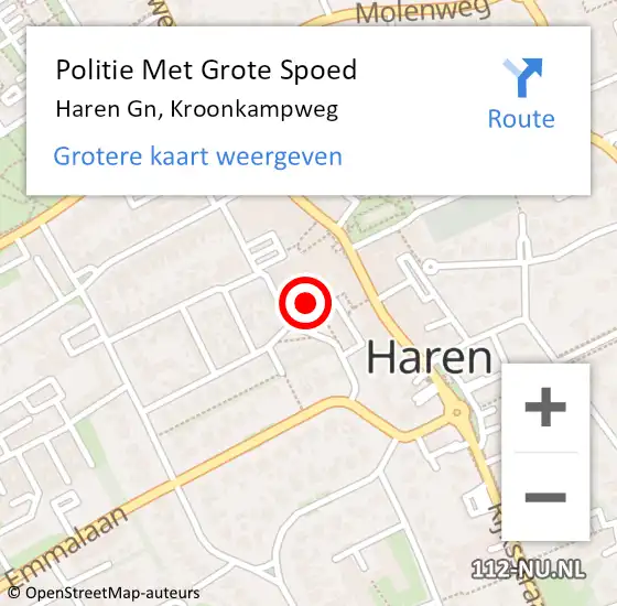 Locatie op kaart van de 112 melding: Politie Met Grote Spoed Naar Haren Gn, Kroonkampweg op 27 mei 2023 13:11