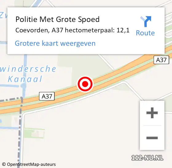 Locatie op kaart van de 112 melding: Politie Met Grote Spoed Naar Coevorden, A37 hectometerpaal: 12,1 op 27 mei 2023 13:58