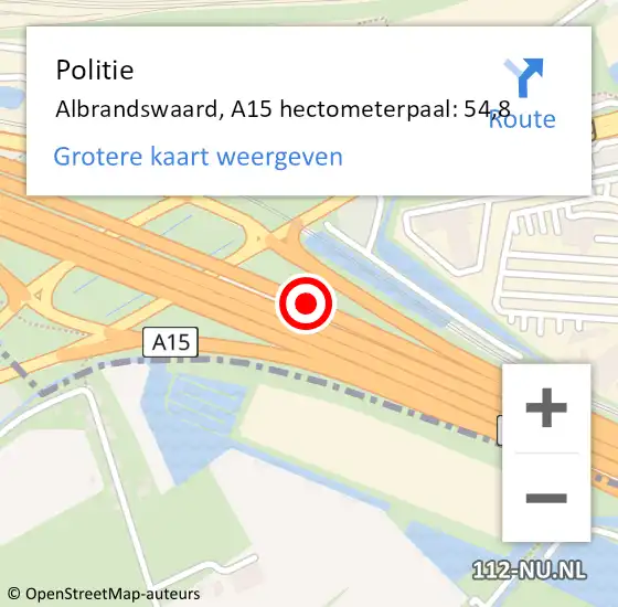 Locatie op kaart van de 112 melding: Politie Albrandswaard, A15 hectometerpaal: 54,8 op 27 mei 2023 15:12