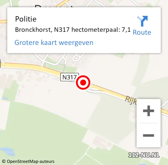 Locatie op kaart van de 112 melding: Politie Bronckhorst, N317 hectometerpaal: 7,1 op 27 mei 2023 15:52