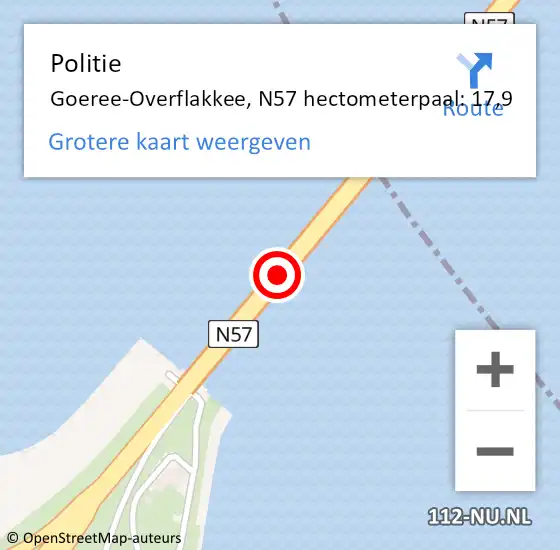 Locatie op kaart van de 112 melding: Politie Goeree-Overflakkee, N57 hectometerpaal: 17,9 op 27 mei 2023 16:17