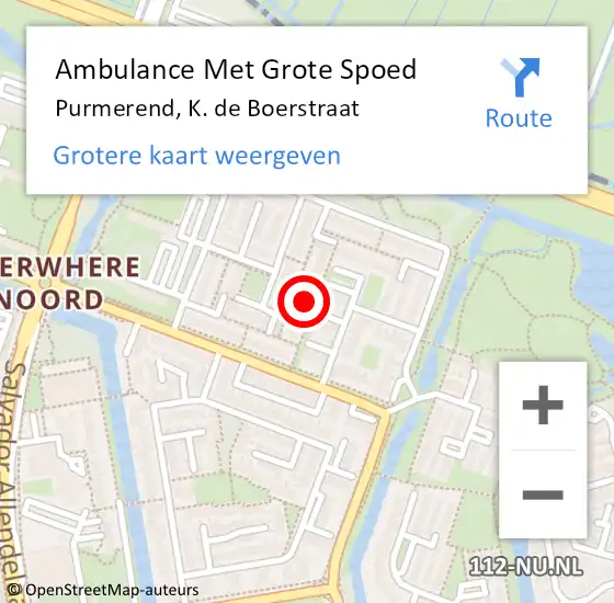 Locatie op kaart van de 112 melding: Ambulance Met Grote Spoed Naar Purmerend, K. de Boerstraat op 27 mei 2023 17:36