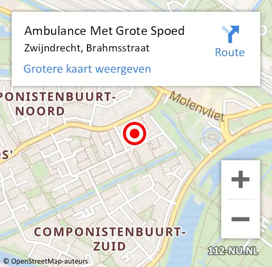 Locatie op kaart van de 112 melding: Ambulance Met Grote Spoed Naar Zwijndrecht, Brahmsstraat op 27 mei 2023 18:33