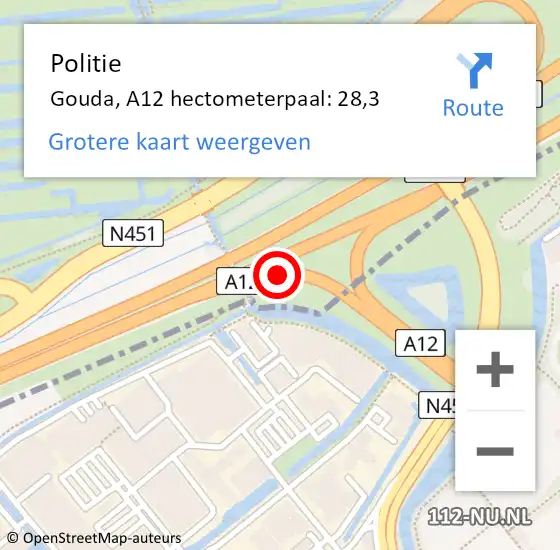 Locatie op kaart van de 112 melding: Politie Gouda, A12 hectometerpaal: 28,3 op 27 mei 2023 18:58