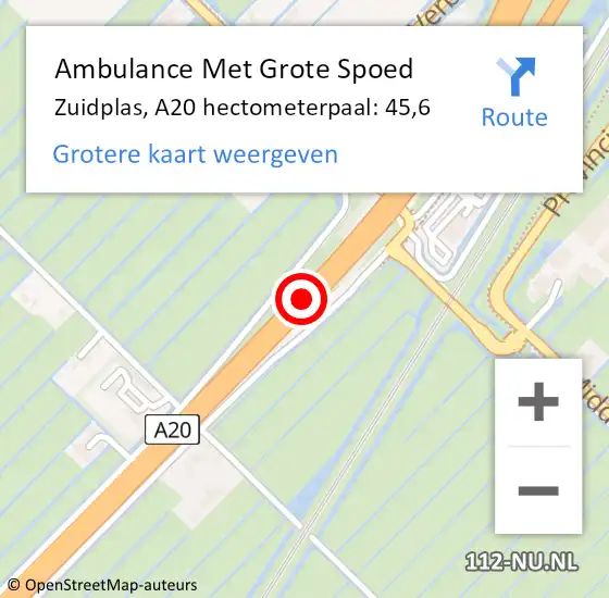 Locatie op kaart van de 112 melding: Ambulance Met Grote Spoed Naar Zuidplas, A20 hectometerpaal: 45,6 op 27 mei 2023 19:51