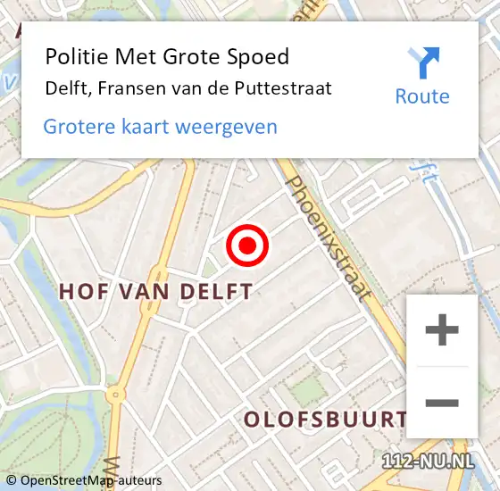 Locatie op kaart van de 112 melding: Politie Met Grote Spoed Naar Delft, Fransen van de Puttestraat op 27 mei 2023 20:04