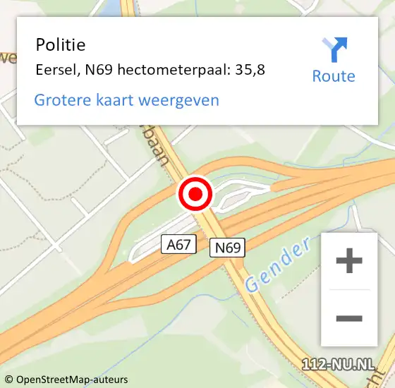 Locatie op kaart van de 112 melding: Politie Eersel, N69 hectometerpaal: 35,8 op 27 mei 2023 20:48
