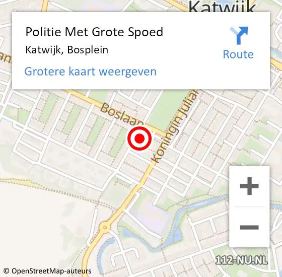 Locatie op kaart van de 112 melding: Politie Met Grote Spoed Naar Katwijk, Bosplein op 27 mei 2023 21:28