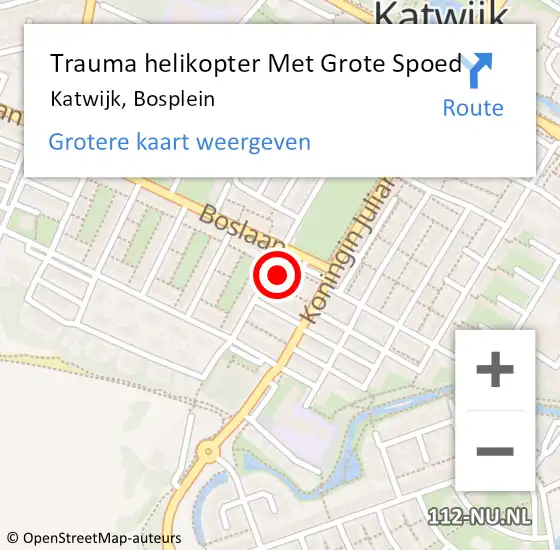 Locatie op kaart van de 112 melding: Trauma helikopter Met Grote Spoed Naar Katwijk, Bosplein op 27 mei 2023 21:32