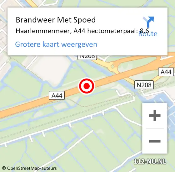 Locatie op kaart van de 112 melding: Brandweer Met Spoed Naar Haarlemmermeer, A44 hectometerpaal: 8,6 op 27 mei 2023 21:38