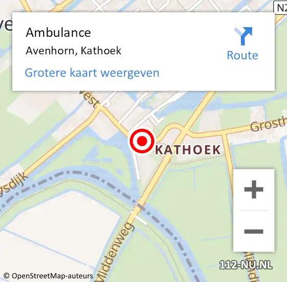 Locatie op kaart van de 112 melding: Ambulance Avenhorn, Kathoek op 27 mei 2023 21:52