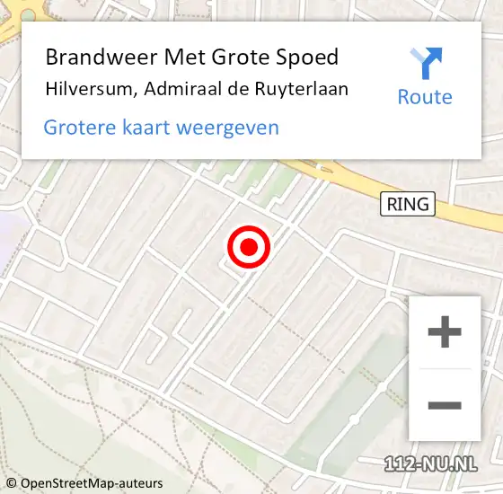 Locatie op kaart van de 112 melding: Brandweer Met Grote Spoed Naar Hilversum, Admiraal de Ruyterlaan op 27 mei 2023 22:13