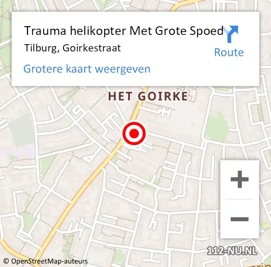 Locatie op kaart van de 112 melding: Trauma helikopter Met Grote Spoed Naar Tilburg, Goirkestraat op 28 mei 2023 01:10