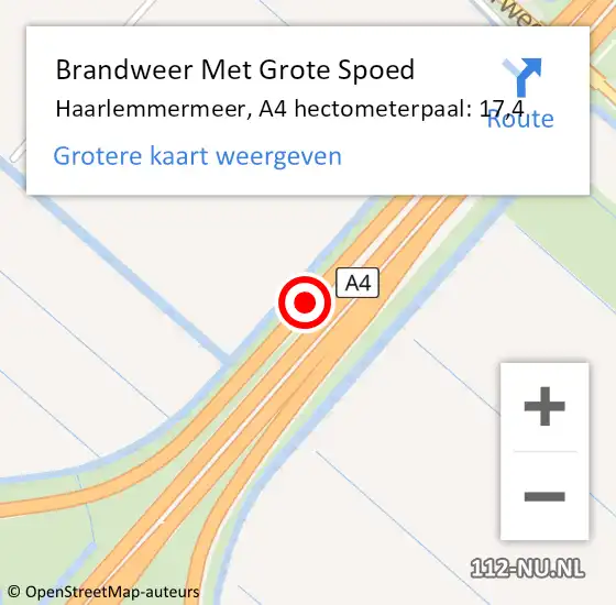 Locatie op kaart van de 112 melding: Brandweer Met Grote Spoed Naar Haarlemmermeer, A4 hectometerpaal: 17,4 op 28 mei 2023 02:25