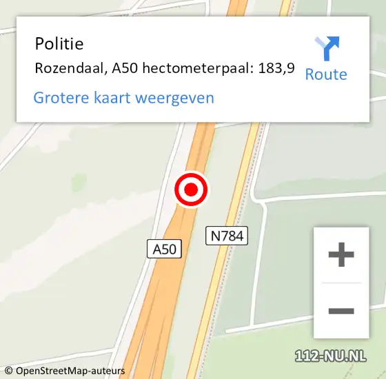 Locatie op kaart van de 112 melding: Politie Rozendaal, A50 hectometerpaal: 183,9 op 28 mei 2023 06:00