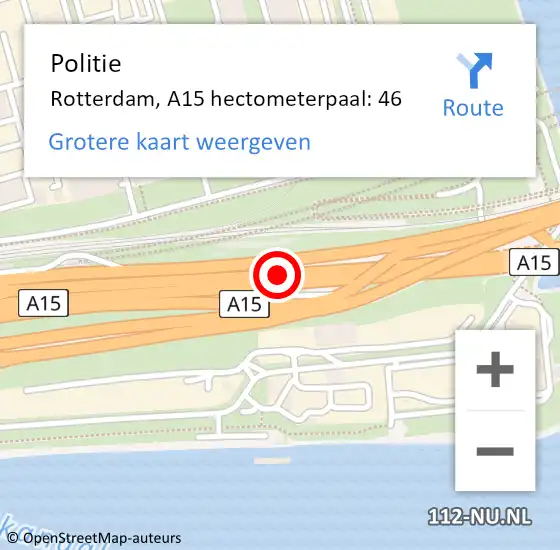 Locatie op kaart van de 112 melding: Politie Rotterdam, A15 hectometerpaal: 46 op 28 mei 2023 06:35