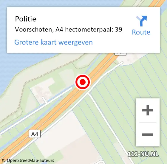 Locatie op kaart van de 112 melding: Politie Voorschoten, A4 hectometerpaal: 39 op 28 mei 2023 08:05