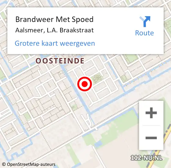 Locatie op kaart van de 112 melding: Brandweer Met Spoed Naar Aalsmeer, L.A. Braakstraat op 28 mei 2023 09:50