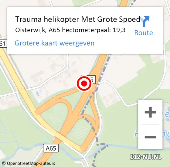 Locatie op kaart van de 112 melding: Trauma helikopter Met Grote Spoed Naar Oisterwijk, A65 hectometerpaal: 19,3 op 28 mei 2023 11:24