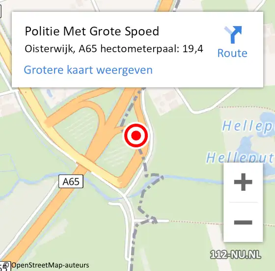 Locatie op kaart van de 112 melding: Politie Met Grote Spoed Naar Oisterwijk, A65 hectometerpaal: 19,4 op 28 mei 2023 11:26