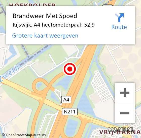 Locatie op kaart van de 112 melding: Brandweer Met Spoed Naar Rijswijk, A4 hectometerpaal: 52,9 op 28 mei 2023 11:34