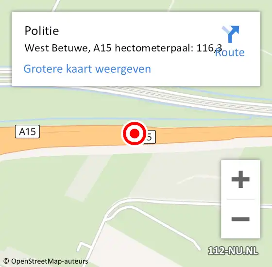 Locatie op kaart van de 112 melding: Politie West Betuwe, A15 hectometerpaal: 116,3 op 28 mei 2023 12:13