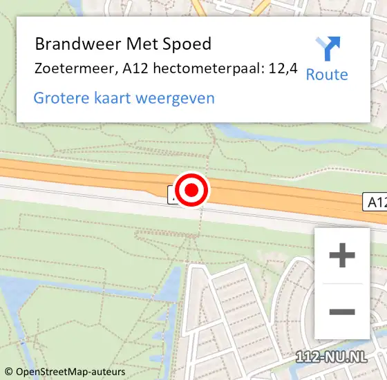 Locatie op kaart van de 112 melding: Brandweer Met Spoed Naar Zoetermeer, A12 hectometerpaal: 12,4 op 28 mei 2023 12:20