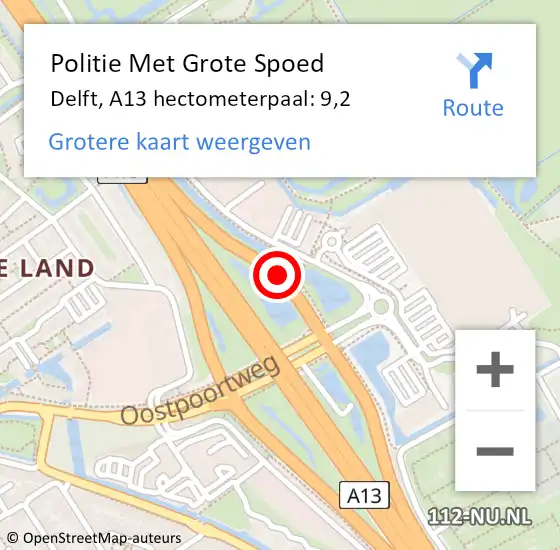 Locatie op kaart van de 112 melding: Politie Met Grote Spoed Naar Delft, A13 hectometerpaal: 9,2 op 28 mei 2023 13:04