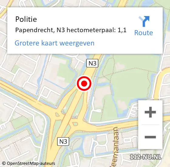 Locatie op kaart van de 112 melding: Politie Papendrecht, N3 hectometerpaal: 1,1 op 28 mei 2023 13:47