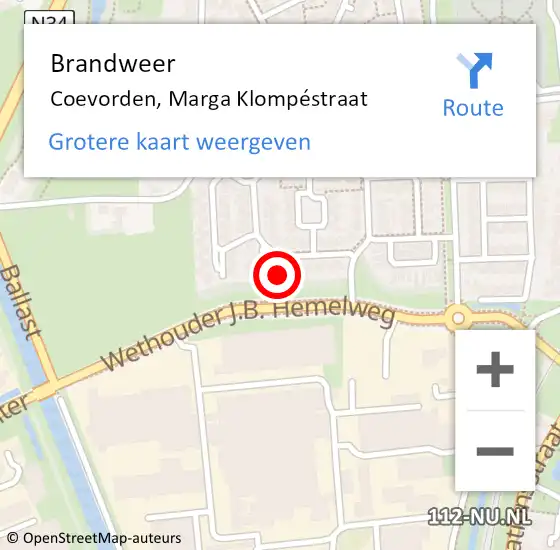 Locatie op kaart van de 112 melding: Brandweer Coevorden, Marga Klompéstraat op 28 mei 2023 14:38