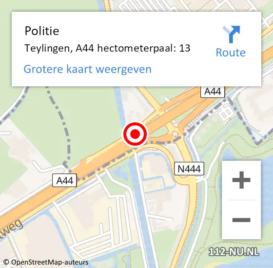 Locatie op kaart van de 112 melding: Politie Teylingen, A44 hectometerpaal: 13 op 28 mei 2023 14:51