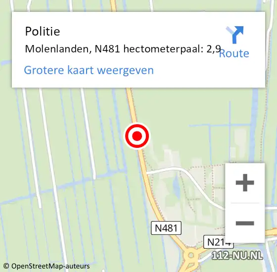 Locatie op kaart van de 112 melding: Politie Molenlanden, N481 hectometerpaal: 2,9 op 28 mei 2023 15:25