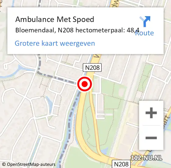 Locatie op kaart van de 112 melding: Ambulance Met Spoed Naar Bloemendaal, N208 hectometerpaal: 48,4 op 28 mei 2023 15:54