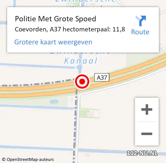 Locatie op kaart van de 112 melding: Politie Met Grote Spoed Naar Coevorden, A37 hectometerpaal: 11,8 op 28 mei 2023 16:37