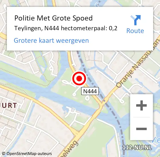 Locatie op kaart van de 112 melding: Politie Met Grote Spoed Naar Teylingen, N444 hectometerpaal: 0,2 op 28 mei 2023 23:39