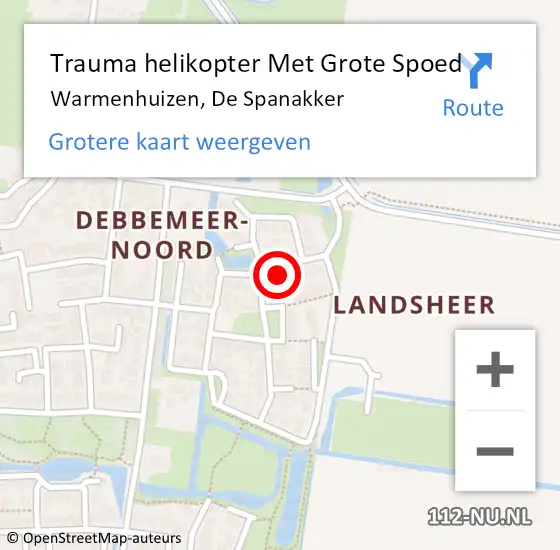 Locatie op kaart van de 112 melding: Trauma helikopter Met Grote Spoed Naar Warmenhuizen, De Spanakker op 29 mei 2023 00:17