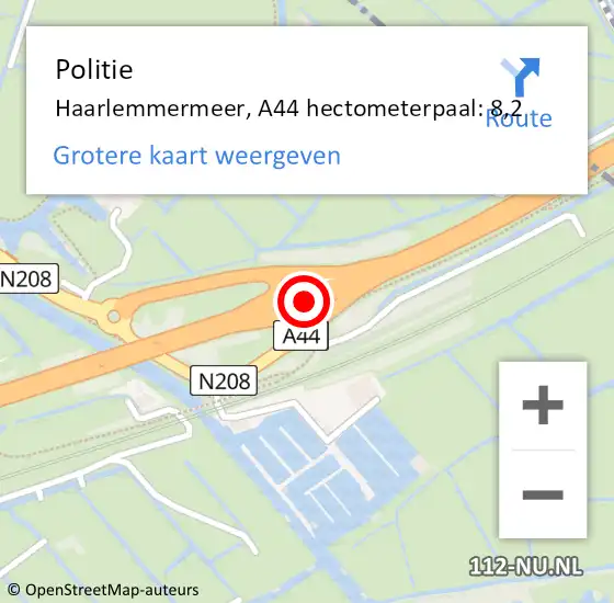 Locatie op kaart van de 112 melding: Politie Haarlemmermeer, A44 hectometerpaal: 8,2 op 29 mei 2023 00:45