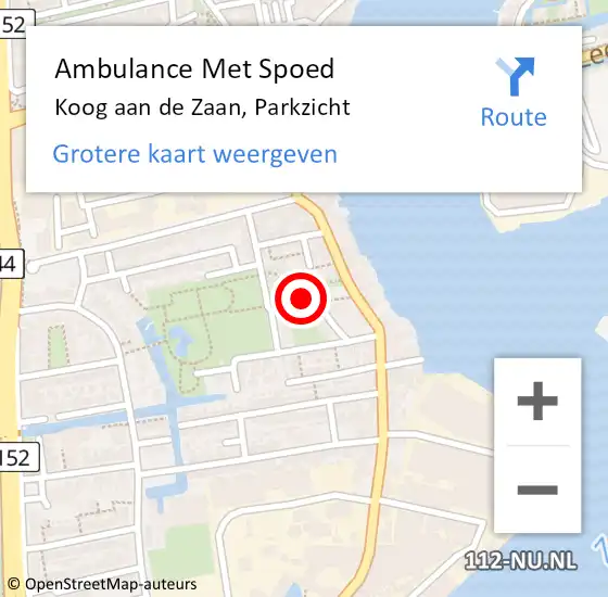 Locatie op kaart van de 112 melding: Ambulance Met Spoed Naar Koog aan de Zaan, Parkzicht op 29 mei 2023 00:58
