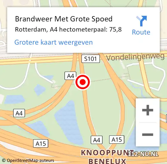 Locatie op kaart van de 112 melding: Brandweer Met Grote Spoed Naar Rotterdam, A4 hectometerpaal: 75,8 op 29 mei 2023 06:27