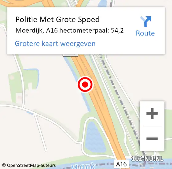 Locatie op kaart van de 112 melding: Politie Met Grote Spoed Naar Moerdijk, A16 hectometerpaal: 54,2 op 29 mei 2023 07:20