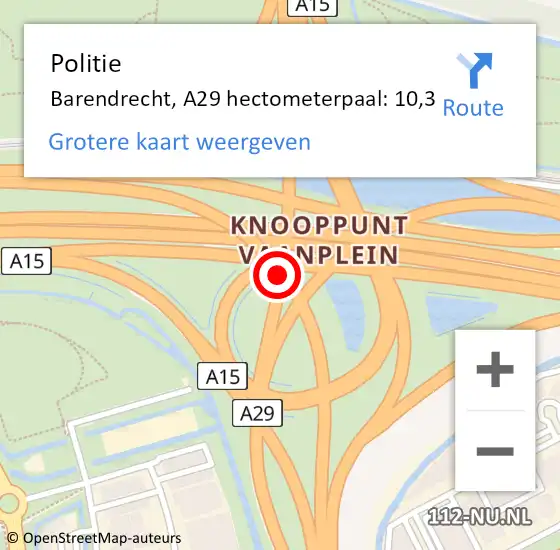 Locatie op kaart van de 112 melding: Politie Barendrecht, A29 hectometerpaal: 10,3 op 29 mei 2023 07:28